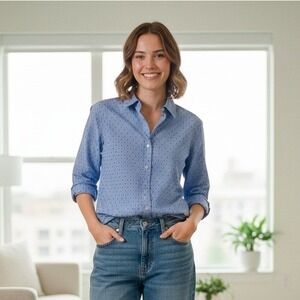 Talbots Blue Gingham Dot Button Down Shirt Women's 3/4 Sleeve Collared - Size L